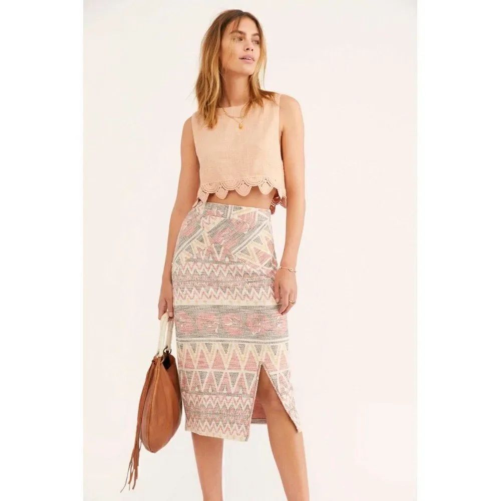 NEW FREE PEOPLE SZ XS MENDOCINO WOVEN HIGH WAIST PENCIL MIDI SKIRT W SLIT